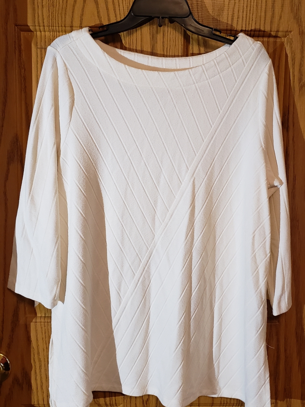 Rafaella White Diagonal Textured Boatneck Tunic. Large. Cotton Blend. Long Sleev